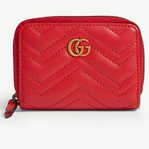GUCCI GG Marmont Red Leather Quilted Zip Wallet with Gold GG Emblem NEW